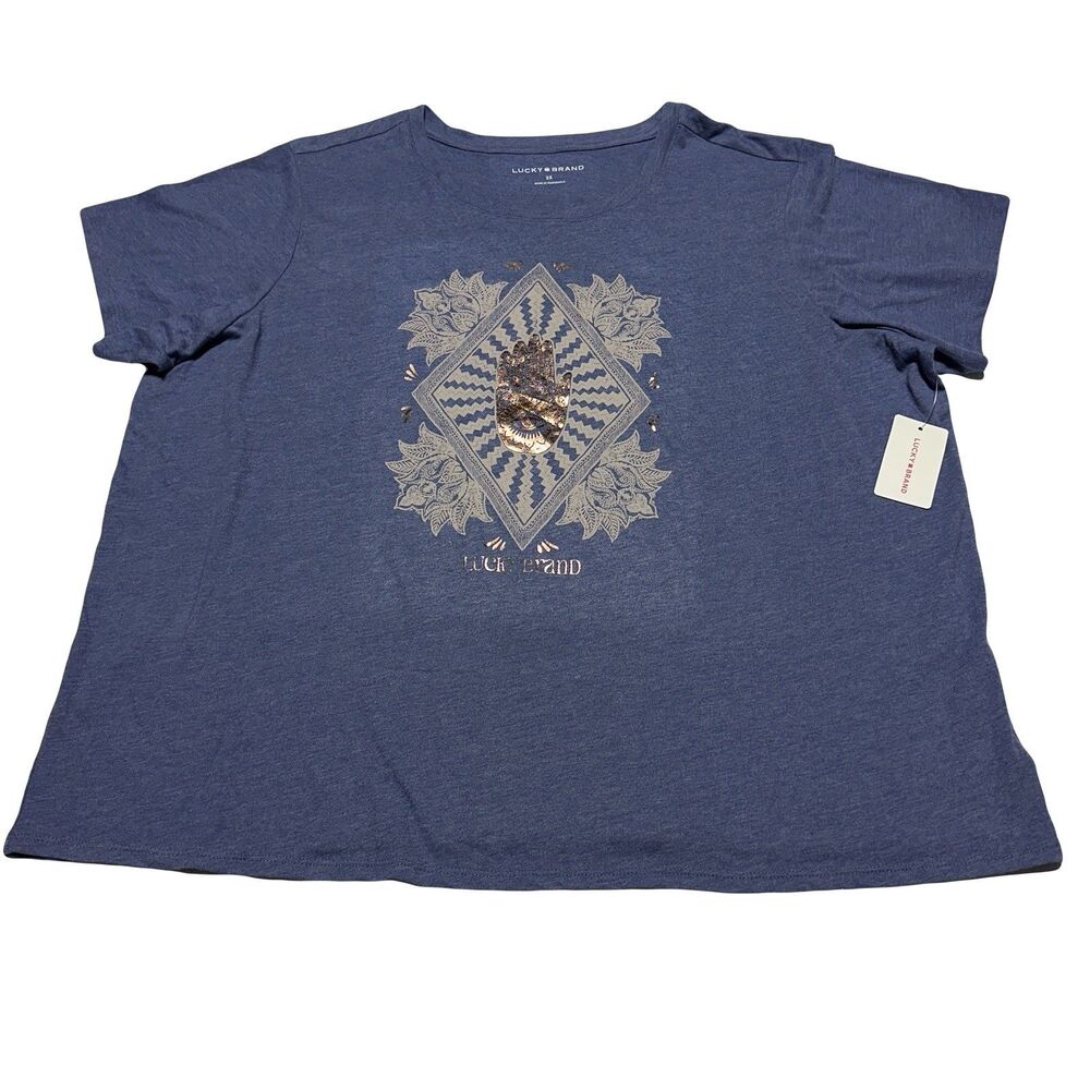 Lucky Brand Women Size 2X Hamsa Hand Blue T Shirt Tee Top Short Sleeve Boho NWT